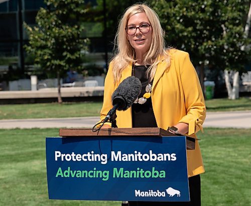 ALEX LUPUL / WINNIPEG FREE PRESS
Families Minister Rochelle Squires is photographed during a press conference, providing a one-year update on Downtown Community Safety Partnership, at Millennium Library Park in Winnipeg on Tuesday, July, 27, 2021.