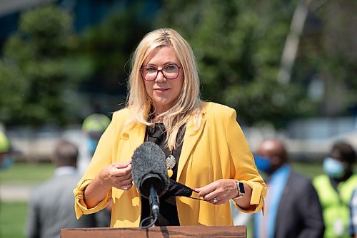 ALEX LUPUL / WINNIPEG FREE PRESS  

Families Minister Rochelle Squires is photographed during a press conference, providing a one-year update on Downtown Community Safety Partnership, at Millennium Library Park in Winnipeg on Tuesday, July, 27, 2021.