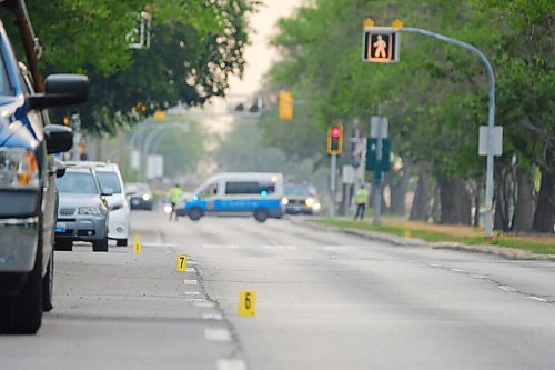 MIKE DEAL / WINNIPEG FREE PRESS
Evidence markers on westbound Provencher Blvd where police are investigating a serious crime that occurred overnight. Traffic on Provencher Boulevard was blocked in both directions between Des Meurons and Langevin streets as of 6:30 a.m. as officers investigate.
20210728 - Wednesday, July 28, 2021