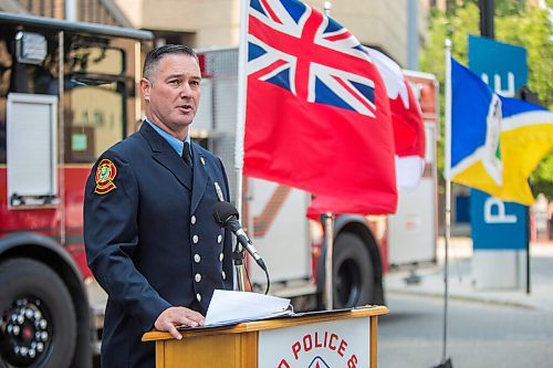 MIKAELA MACKENZIE / WINNIPEG FREE PRESS

Chad Swayze, chair of the 2023 World Police and Fire Games, speaks at a press conference at the Winnipeg Police Service headquarters marking two years from the start of the event in Winnipeg on Wednesday, July 28, 2021. For --- story.
Winnipeg Free Press 2021.