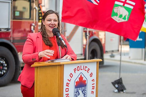 MIKAELA MACKENZIE / WINNIPEG FREE PRESS

Sherri Rollins, city councillor, speaks at a press conference at the Winnipeg Police Service headquarters marking two years from the start of the World Police and Fire Games in Winnipeg on Wednesday, July 28, 2021. For --- story.
Winnipeg Free Press 2021.