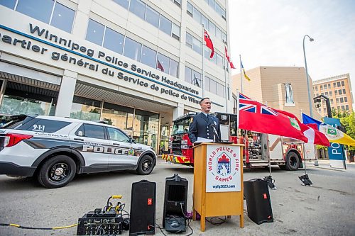 MIKAELA MACKENZIE / WINNIPEG FREE PRESS

Chad Swayze, chair of the 2023 World Police and Fire Games, speaks at a press conference at the Winnipeg Police Service headquarters marking two years from the start of the event in Winnipeg on Wednesday, July 28, 2021. For --- story.
Winnipeg Free Press 2021.