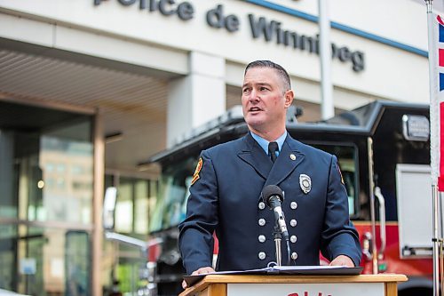 MIKAELA MACKENZIE / WINNIPEG FREE PRESS

Chad Swayze, chair of the 2023 World Police and Fire Games, speaks at a press conference at the Winnipeg Police Service headquarters marking two years from the start of the event in Winnipeg on Wednesday, July 28, 2021. For --- story.
Winnipeg Free Press 2021.