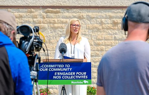 MIKE DEAL / WINNIPEG FREE PRESS
Families Minister Rochelle Squires announces outside the Morrow Avenue Day Care (511 St. Annes Rd.) Thursday afternoon, that the government is launching a "new tool with enhanced features to help families more easily access early learning and child-care services."
210729 - Thursday, July 29, 2021.