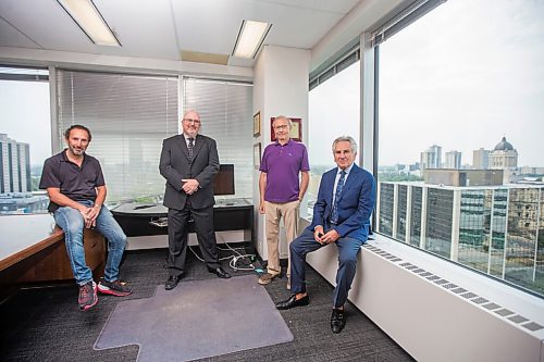 MIKAELA MACKENZIE / WINNIPEG FREE PRESS

Saul Simmonds (left), Evan Roitenberg, Jeff Gindin, and Richard Wolson pose for a photo at their criminal law firm, which is splitting up after 25 years in business, in Winnipeg on Friday, July 30, 2021. For Dean story.
Winnipeg Free Press 2021.