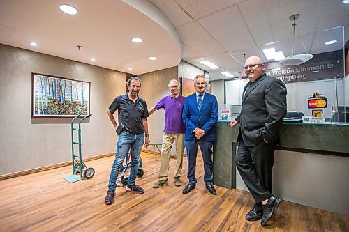 MIKAELA MACKENZIE / WINNIPEG FREE PRESS

Saul Simmonds (left), Jeff Gindin, Richard Wolson, and Evan Roitenberg pose for a photo at their criminal law firm, which is splitting up after 25 years in business, in Winnipeg on Friday, July 30, 2021. For Dean story.
Winnipeg Free Press 2021.