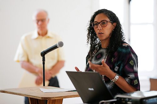 JOHN WOODS / WINNIPEG FREE PRESS
Laurelle Harris, lawyer who specializes in work related to anti-racism, equity, and inclusion, speaks at an Emancipation Day event as organizer, Jon Gerrard, MLA, listens in at St Norbert Arts Centre Sunday, August 1, 2021. Emancipation Day marks the abolishment of Slavery in the British colonies on August 1, 1834.

Reporter: Sellar