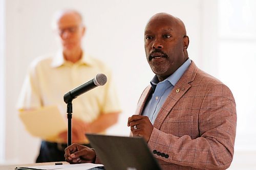 JOHN WOODS / WINNIPEG FREE PRESS
Winnipeg city councillor Markus Chambers speaks at an Emancipation Day event as organizer, Jon Gerrard, MLA, listens in at St Norbert Arts Centre Sunday, August 1, 2021. Emancipation Day marks the abolishment of Slavery in the British colonies on August 1, 1834.

Reporter: Sellar