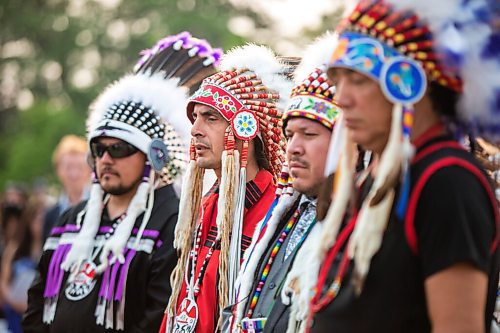 MIKAELA MACKENZIE / WINNIPEG FREE PRESS

Assembly of Manitoba Chiefs grand chief Arlen Dumas and other Treaty No. 1 chiefs listen to the Spirit Sands Singers at a commemoration of the 150th anniversary of the making of Treaty No. 1 at the Lower Fort Garry National Historic Site on Tuesday, Aug. 3, 2021. For Gabrielle Piche story.
Winnipeg Free Press 2021.