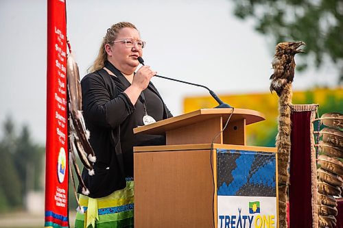 MIKAELA MACKENZIE / WINNIPEG FREE PRESS

Assembly of First Nations regional chief Cindy Woodhouse speaks at a commemoration of the 150th anniversary of the making of Treaty No. 1 at the Lower Fort Garry National Historic Site on Tuesday, Aug. 3, 2021. For Gabrielle Piche story.
Winnipeg Free Press 2021.