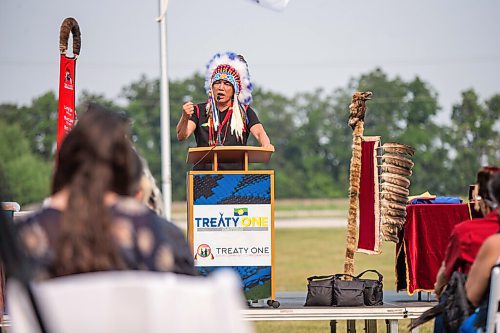 MIKAELA MACKENZIE / WINNIPEG FREE PRESS

Long Plain First Nation chief Dennis Meeches speaks at a commemoration of the 150th anniversary of the making of Treaty No. 1 at the Lower Fort Garry National Historic Site on Tuesday, Aug. 3, 2021. For Gabrielle Piche story.
Winnipeg Free Press 2021.