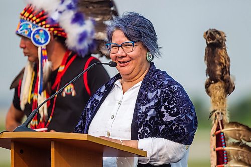 MIKAELA MACKENZIE / WINNIPEG FREE PRESS

Assembly of First Nations national chief RoseAnne Archibald speaks at a commemoration of the 150th anniversary of the making of Treaty No. 1 at the Lower Fort Garry National Historic Site on Tuesday, Aug. 3, 2021. For Gabrielle Piche story.
Winnipeg Free Press 2021.