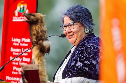 MIKAELA MACKENZIE / WINNIPEG FREE PRESS

Assembly of First Nations national chief RoseAnne Archibald speaks at a commemoration of the 150th anniversary of the making of Treaty No. 1 at the Lower Fort Garry National Historic Site on Tuesday, Aug. 3, 2021. For Gabrielle Piche story.
Winnipeg Free Press 2021.