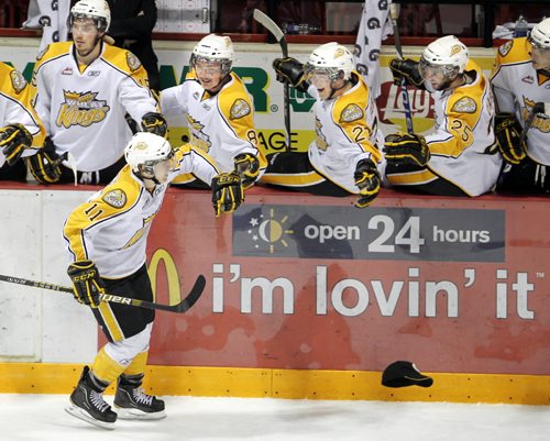 Brandon Sun Brandon Wheat Kings' Matt Calvert celebrates his third goal of the game during second period action in Game 3 of the Eastern Conference final, Tuesday evening at Westman Place.  (Colin Corneau/Brandon Sun)