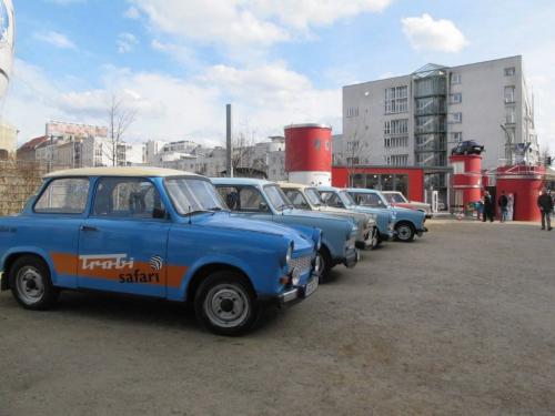 Photo's of Berlin sent in by Gerald Flood, April 20, 2010 East-German produced Trabants, here for rent in Berlin, were long the subject of jokes.  How do you double the value of a Trabant? Fill up the tank! An East German driver pulled into a service station and asked, "Can I get a windshield wiper blade for this Trabi?" The mechanic looked the car over for a long time and finally said, "Okay, it's a trade!" What do you call a Trabant up a hill?: A miracle. What do you call two Trabants up a hill?: A mirage. Why was the Trabant made?: There was a mistake, it was supposed to be a washing machine. winnipeg free press