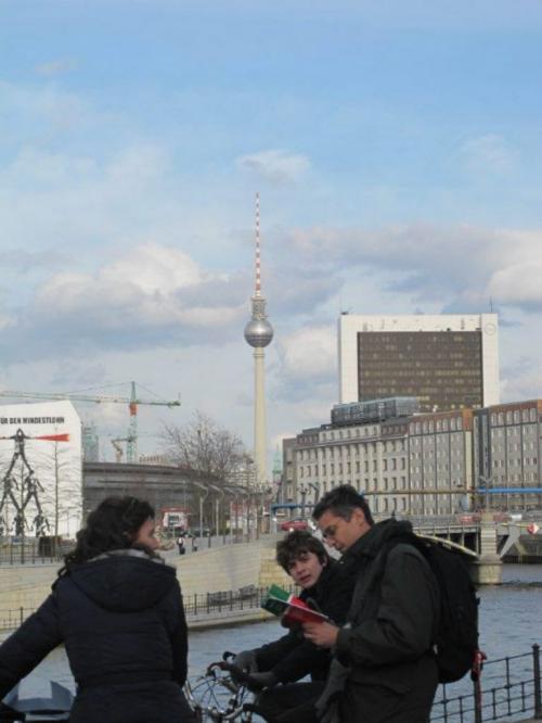 Photo's of Berlin sent in by Gerald Flood, April 20, 2010 Family on bike riding tour stops beside Spree River at the Riechstag to get bearings. "Space Needle" in former East Berlin dominates the skyline. winnipeg free press