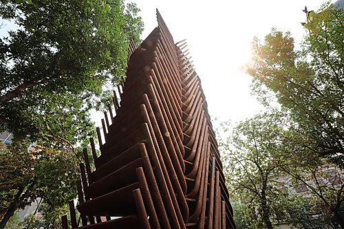 RUTH BONNEVILLE / WINNIPEG FREE PRESS

ENT - Public art 

The public art display of stacked, metal chairs O-WEEN DU MUH WAUN.  (WE WERE TOLD.) by artist, RBOY Inc. located at Air Canada Park, 345 Portage Avenue. The work is a symbol of the failed attempts to assimilate Indigenous people with the use of residential schools. 

Photo for the Indigenous public art team project, 

Aug 3, 2021