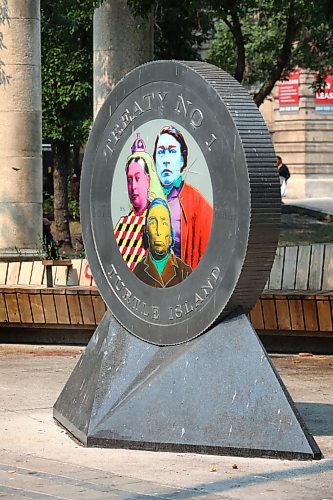 RUTH BONNEVILLE / WINNIPEG FREE PRESS

ENT - Public art 

"Mediating the Treaties uses a two-headed coin to capture the ambivalence of Treaty No. 1. It addresses the verbal and written negotiations and differeng and competing understandings of Treaty No. 1 provisions between Queen Victoria's (1819-1901) representatives and the seven Chiefs of Manitoba.  It is located at Air Canada Park, 345 Portage Avenue. 

Photo for the Indigenous public art team project, 

Aug 3, 2021
