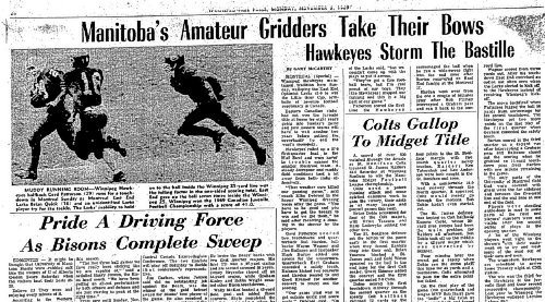 Canstar Community News The Nov. 3, 1969, issue of the Winnipeg Free Press trumpeted the Winnipeg Hawkeyes 41-0 victory over Montreals East End Larks in the Little Grey Cup. Gord Paterson (with one t, not two, as the caption says in error) was pictured scoring a touchdown. He went on to play for the Winnipeg Blue Bombers.