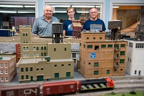 ALEX LUPUL / WINNIPEG FREE PRESS  

From left, Gary Stempnick, William Yachison and Gord Leathers pose for a portrait next to Winnipeg Model Railroad Club train layouts at the Winnipeg Railway Museum on Monday, August 9, 2021.