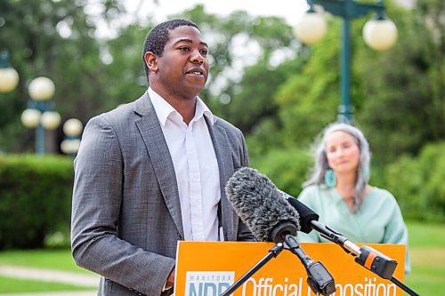 MIKAELA MACKENZIE / WINNIPEG FREE PRESS

NDP MLA Jamie Moses speaks to the media behind the Manitoba Legislative Building in Winnipeg on Wednesday, Aug. 11, 2021. For Joyanne/Maggie story.
Winnipeg Free Press 2021.