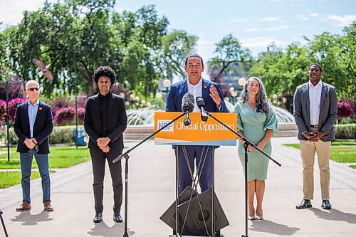 MIKAELA MACKENZIE / WINNIPEG FREE PRESS

Wab Kinew speaks with Nello Altomare (left), Uzoma Asagwara, Nahanni Fontaine, and Jamie Moses behind him at a press conference at the Manitoba Legislative Building in Winnipeg on Wednesday, Aug. 11, 2021. For Joyanne/Maggie story.
Winnipeg Free Press 2021.