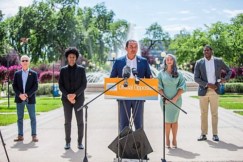 MIKAELA MACKENZIE / WINNIPEG FREE PRESS

Wab Kinew speaks with Nello Altomare (left), Uzoma Asagwara, Nahanni Fontaine, and Jamie Moses behind him at a press conference at the Manitoba Legislative Building in Winnipeg on Wednesday, Aug. 11, 2021. For Joyanne/Maggie story.
Winnipeg Free Press 2021.