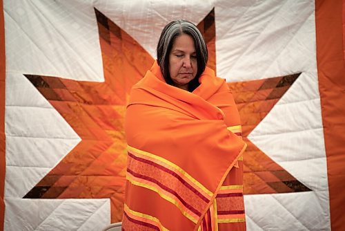 ALEX LUPUL / WINNIPEG FREE PRESS  

Stephanie Scott, Executive Director at NCTR, is photographed wrapped in a shawl and a star blanket during a blessing at the future home of the National Centre for Truth and Reconciliation in Winnipeg on Thursday, August 12, 2021.

Reporter: Cody Sellar