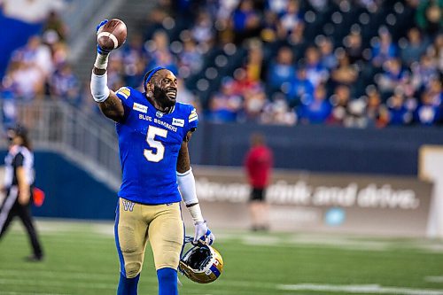 MIKAELA MACKENZIE / WINNIPEG FREE PRESS

Blue Bomber Willie Jefferson celebrates after beating the Toronto Argonauts at IG Field in Winnipeg on Friday, Aug. 13, 2021. For --- story.
Winnipeg Free Press 2021.