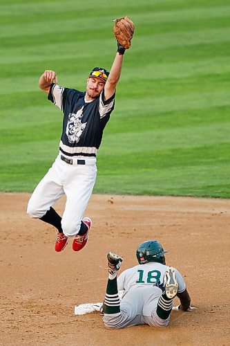 JOHN WOODS / WINNIPEG FREE PRESS
Winnipeg Goldeyes' Kevin Lachance (1) goes up for the throw to second as Gary Southshore Railcats Jesus Marriaga (18) steals second in Winnipeg Tuesday, August 17, 2021.

Reporter: Bernacki