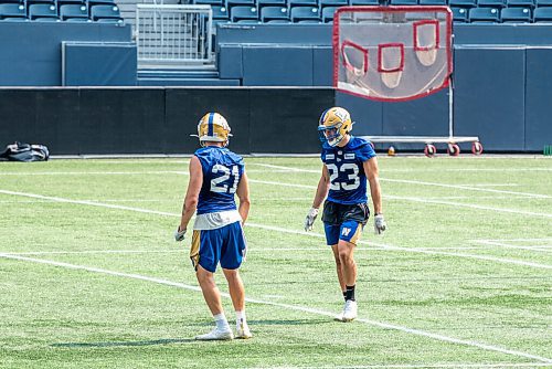 ALEX LUPUL / WINNIPEG FREE PRESS  

The Winnipeg Blue Bombers' Noah Hallett (23) and Nick Hallett (21) are photographed during practice at IG Field on August 18, 2021.
