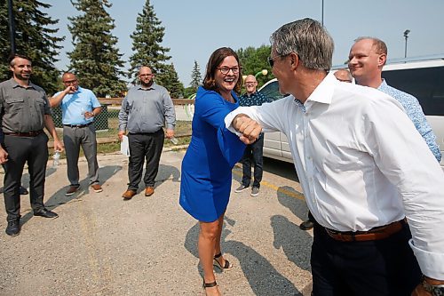 JOHN WOODS / WINNIPEG FREE PRESS
PC MLA Heather Stefanson elbow bumps supporter and MLA Cameron Friesen at a press conference at South Winnipeg Community Centre in Winnipeg Wednesday, August 18, 2021. Stefanson announced that she will be running to be premier and leader of the Manitoba PC party.

Reporter: ?