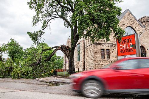 Daniel Crump / Winnipeg Free Press. Part of an elm tree that was blown down overnight blocks Spence Street near St. Mary Avenue in Downtown Winnipeg, Saturday morning. August 21, 2021.