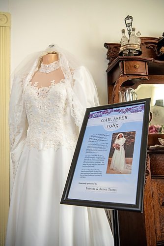 ALEX LUPUL / WINNIPEG FREE PRESS  

A wedding dress worn by Gail Asper is photographed in McClung House at The Nellie McClung Heritage Site in Manitou on August, 23, 2021. The I DO Exhibit celebrates the 125th wedding anniversary of Wes and Nellie McClung. Nellie McClung was a pioneer teacher, author, suffragist, social reformer, lecturer and legislator