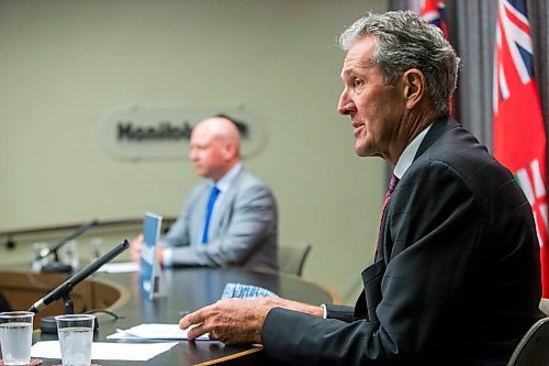 MIKAELA MACKENZIE / WINNIPEG FREE PRESS

Premier Brian Pallister (front) and chief provincial public health officer Dr. Brent Roussin speak at a press conference at the Manitoba Legislative Building in Winnipeg on Tuesday, Aug. 24, 2021. For --- story.
Winnipeg Free Press 2021.