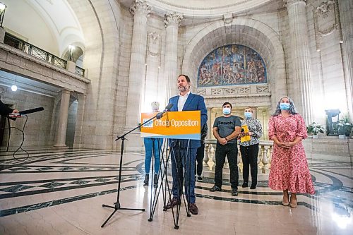 MIKAELA MACKENZIE / WINNIPEG FREE PRESS

NDP MLA Matt Weibe speaks about the Afghanistan refugee crisis at the Manitoba Legislative Building in Winnipeg on Tuesday, Aug. 24, 2021. For --- story.
Winnipeg Free Press 2021.