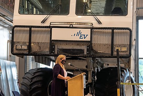 ALEX LUPUL / WINNIPEG FREE PRESS  

Sarah Guillemard, Minister of Conservation and Climate, is photographed speaking at the unveiling of Frontiers North's fully electric tundra buggy in partnership with Red River College's Vehicle Technology & Energy Centre's on August 24, 2021.