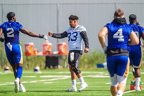 MIKAELA MACKENZIE / WINNIPEG FREE PRESS

Andrew Harris (right) fist-bumps Jonathan Kongbo at Bombers practice in Winnipeg on Wednesday, Aug. 25, 2021. For Mike Sawatzky story.
Winnipeg Free Press 2021.