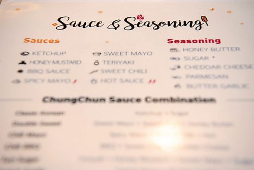 ALEX LUPUL / WINNIPEG FREE PRESS  

A list of sauce and seasoning options are photographed at Chung Chun Rice Dog's Jefferson Avenue location in Winnipeg on August, 25, 2021.