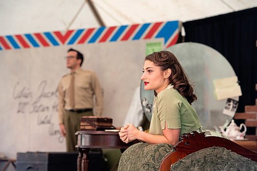 MIKE SUDOMA / Winnipeg Free Press
Actress, Becky Frohlinger, performs a monologue while playing the part of Lousie Rabinet during a press showing of the WJTs production of, Dear Jack, Dear Louise outside of the Jewish Community Centre Thursday afternoon
August 26, 2021