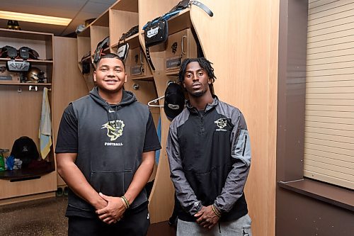 MIKE SUDOMA / Winnipeg Free Press
(Left to right) Linebacker, Nick Thomas and Receiver, Adbul-Karim Gassama are eager to get back on the field for Bisons training camp Saturday.
August 26, 2021