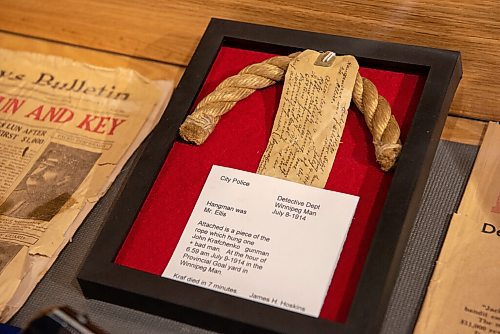 ALEX LUPUL / WINNIPEG FREE PRESS  

A piece of rope which was used to hand John Krafchenko, a gunman and bank robber, is photographed in the Winnipeg Police Museum on August, 26, 2021.