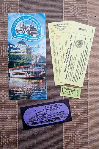 MIKE DEAL / WINNIPEG FREE PRESS
Paddlewheel pamphlet, boarding passes and beer ticket
Craig Kraft, 61, has a modest collection of items associated with Winnipeg's riverboat era; postcards, buttons, boarding passes etc. from the various ships that used to parade up and down the Red, the River Rouge, Paddlewheel, Paddlewheel Princess etc.
See David Sanderson story
210831 - Tuesday, August 31, 2021.