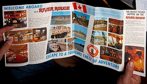 MIKE DEAL / WINNIPEG FREE PRESS
River Rouge brochure.
Craig Kraft, 61, has a modest collection of items associated with Winnipeg's riverboat era; postcards, buttons, boarding passes etc. from the various ships that used to parade up and down the Red, the River Rouge, Paddlewheel, Paddlewheel Princess etc.
See David Sanderson story
210831 - Tuesday, August 31, 2021.