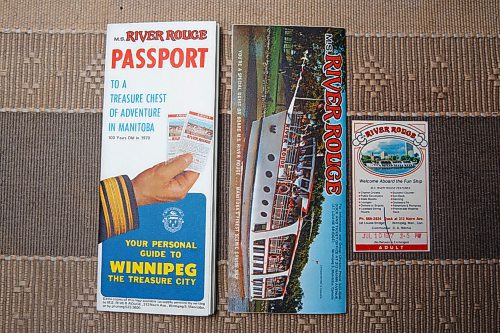 MIKE DEAL / WINNIPEG FREE PRESS
River Rouge brochures and boarding pass.
Craig Kraft, 61, has a modest collection of items associated with Winnipeg's riverboat era; postcards, buttons, boarding passes etc. from the various ships that used to parade up and down the Red, the River Rouge, Paddlewheel, Paddlewheel Princess etc.
See David Sanderson story
210831 - Tuesday, August 31, 2021.