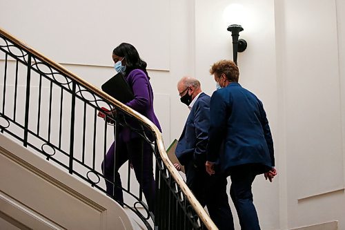 JOHN WOODS / WINNIPEG FREE PRESS
Manitoba PC MLAs Audrey Gordon, Kelvin Goertzen, centre, and Ron Schuler leave a caucus meeting at the legislature where they voted to replace Premier Brian Pallister with an interim premier until the party elects a leader in Winnipeg Tuesday, August 31, 2021. 

Reporter: Carol