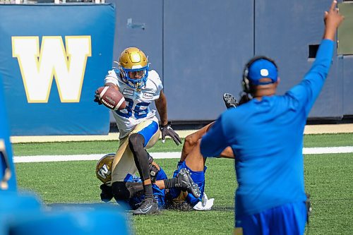 MIKE DEAL / WINNIPEG FREE PRESS
Winnipeg Blue Bombers Rasheed Bailey (88) with a one handed catch during practice at IG Field Wednesday afternoon.
210901 - Wednesday, September 01, 2021.