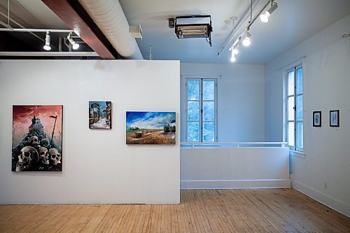 Daniel Crump / Winnipeg Free Press. Art hangs in the gallery at the St. Norbert Art Centre. The offerings are the creations of nine mentees from the Raising New Voices mentorship program. September 2, 2021.