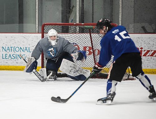 JESSICA LEE/WINNIPEG FREE PRESS

Goalie Ty Hogue gets ready to defend a shot.

Winnipeg ICE hockey prospects attend training camp on September 2, 2021.

Reporter: Mike S.