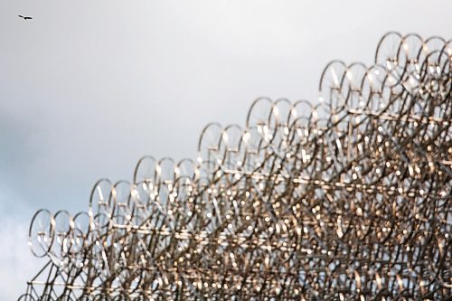 Daniel Crump / Winnipeg Free Press. A bald eagle circles about Ai Weiweis Forever Bicycles sculpture at the Forks on Saturday afternoon. September 4, 2021.